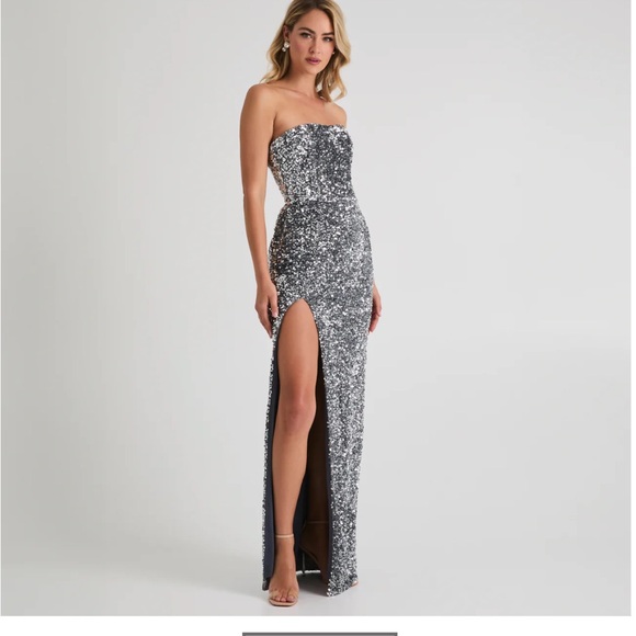 LOLA Glamorous Strapless Silver Sequin Dress - Picture 2 of 6